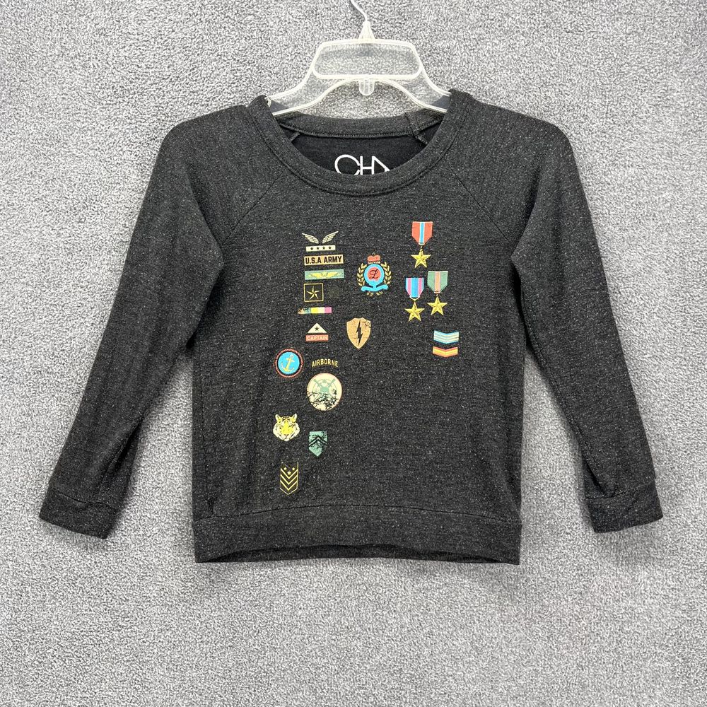 Cha Sor sweater‎ top shirt girls size 8 Gray long sleeve medals military patches